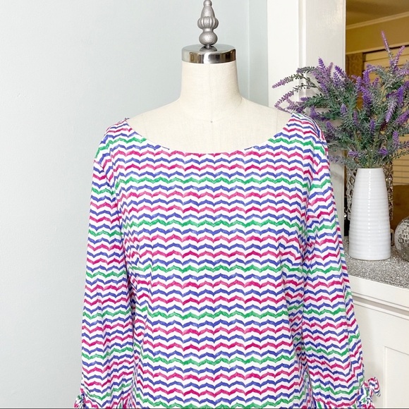 Talbots Tunic Top Colorful Whale Tail Wavy Print Tie Sleeve Popover Blouse - Picture 4 of 10